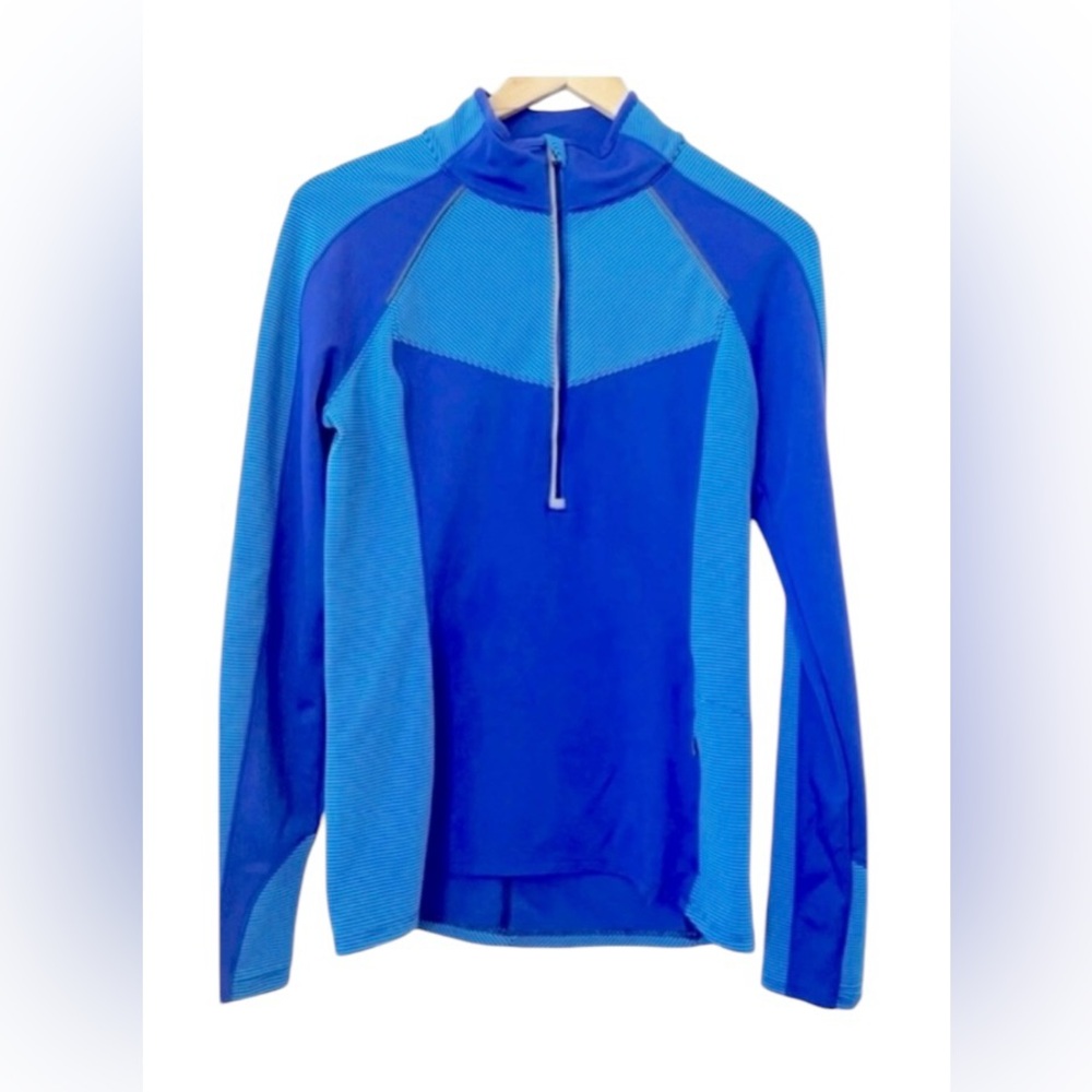 Athleta Chi XXS long sleeve 1/2 zip colorblock blue/teal top with black stripes